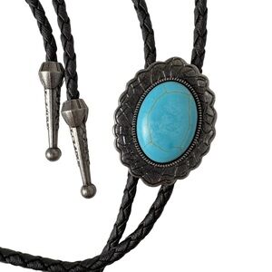 Western Bolo Tie‎ Faux Turquoise Black Adjustable Vegan Leather Cowboy Cowgirl